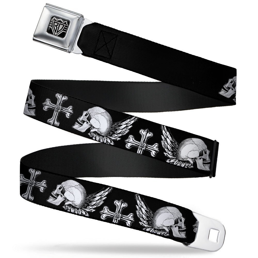 3169 Seatbelt Belt - BD Skulls w/Wings Black/White - 1.5" Wide - 32-52
